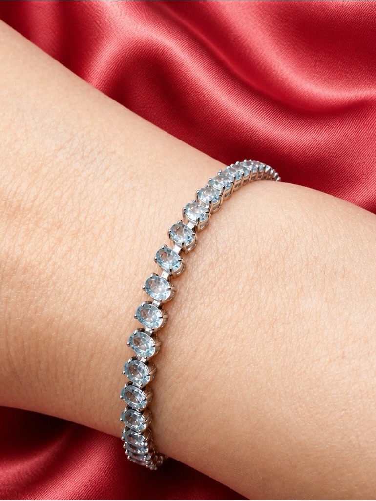 Aquamarine Tennis Bracelet Set In Rhodium Over 925 Sterling Silver. Brand New